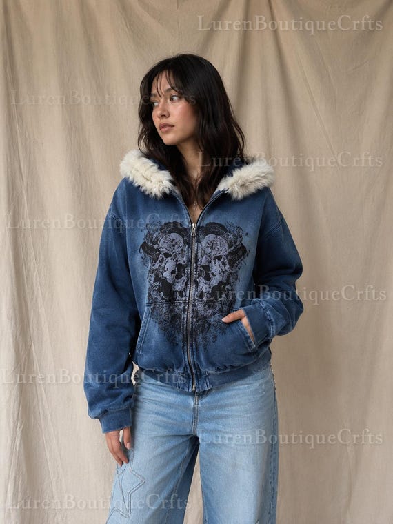 Y2K Gothic Fur Hoodie Zip up Jacket, Blue Grunge Skull Print