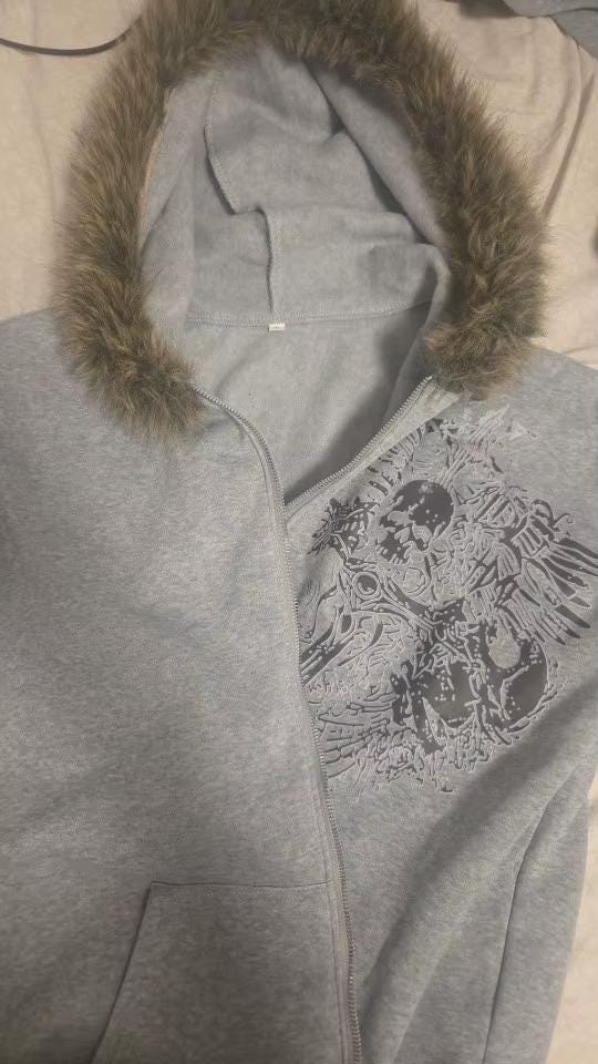 Y2K Unisex Black & Grey Emo Goth Zip-up Hoodie With Faux Fur Hood