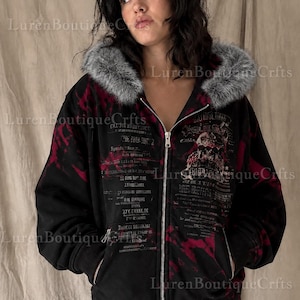 Y2K Unisex Black & Grey Emo Goth Zip-up Hoodie With Faux Fur Hood