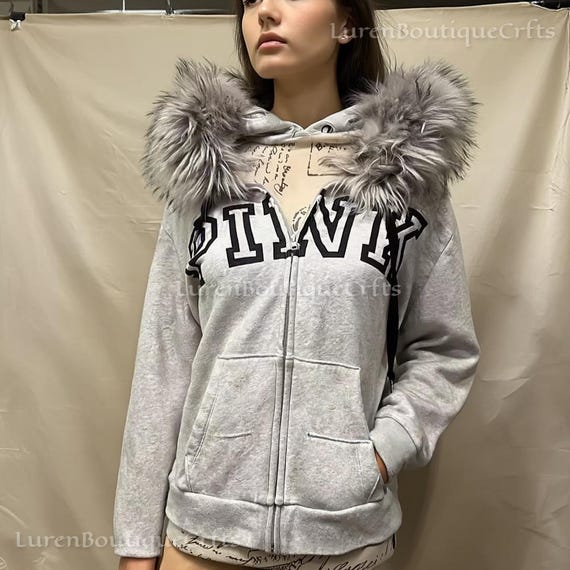 Y2K Gothic Fur Hood Zip Hoodie for Women | Vintage Retro