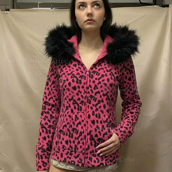 Pink Leopard Print Hoodie, Y2K Zip Up Jacket, Fur Hood Sweatshirt, Aesthetic Streetwear, 2000s Fashion, Cozy Winter Top, Gift for Her