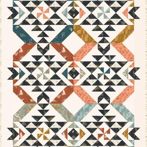May include: A geometric quilt with a cream background and a repeating pattern of diamonds and triangles. The quilt features various colors, including teal, rust, gold, and black, with floral and leaf motifs. The edges have a fringed border.