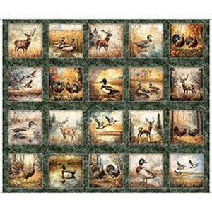 May include: A fabric panel featuring a grid of twenty square illustrations depicting various wildlife, including deer, ducks, and turkeys in natural outdoor settings, separated by a dark green marble-patterned border throughout the design.