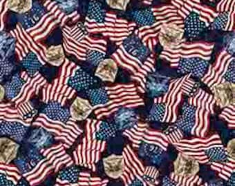 1776 - Navy American Flags & 250 Crest- QT Fabrics