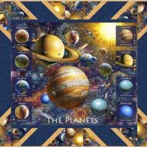 May include: A colorful illustration of the solar system, featuring planets like Jupiter, Saturn, and Earth, with the sun in the background. The text "THE PLANETS" is displayed at the bottom. The image is framed with a blue border and gold accents.