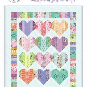 May include: A quilt pattern titled Heartstrings by Black Mountain Needleworks featuring a grid of twelve heart shapes made from multicolored patterned fabric strips. The design includes a pieced border on a light blue background, measuring 56" x 68".