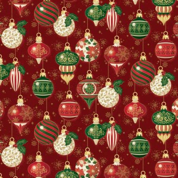 May include: A repeating pattern of Christmas ornaments in red, green, and white on a deep red background. The ornaments feature various shapes, including spheres and teardrops, decorated with gold glitter snowflakes, stripes, and floral motifs.