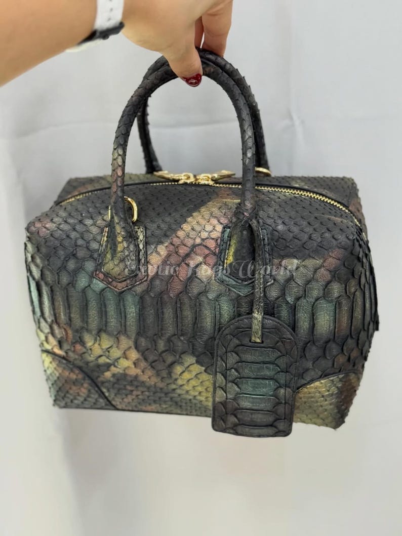 May include: A multi-coloured, textured handbag with a top zip closure and two handles. The bag features a tag and gold-coloured hardware. The exterior has a snakeskin pattern in shades of green, brown, and gold.