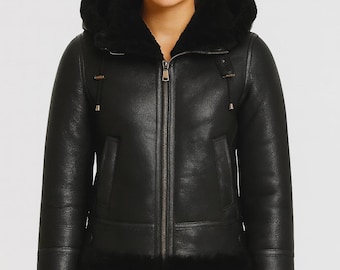 Chaqueta de piel de oveja para mujer, abrigo de piel auténtica con capucha, abrigo de invierno negro para mujer