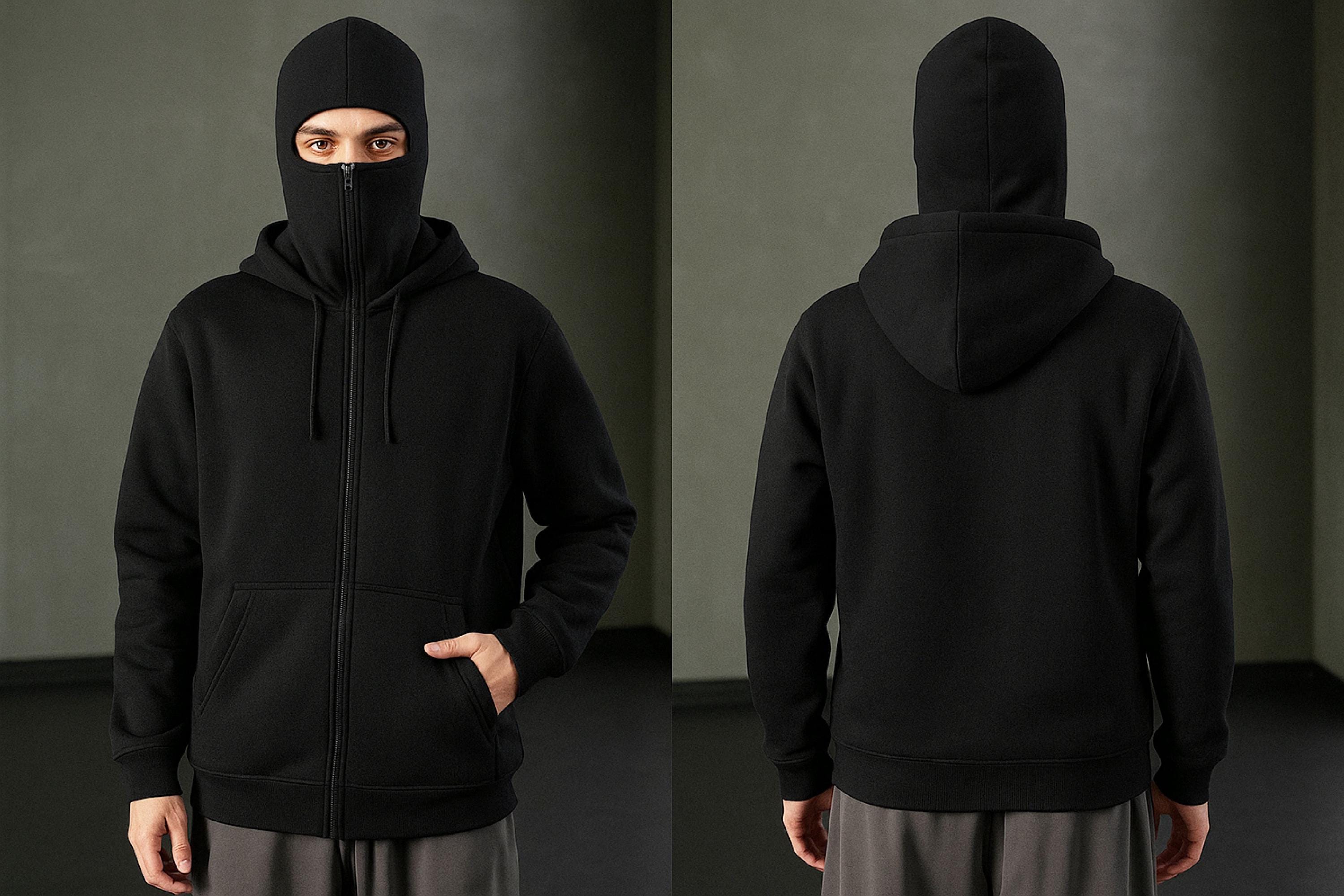 Sweat-shirt Ninja à Capuche Cagoule Avec Fermeture Éclair - 100% Coton Fabriqué En Italie