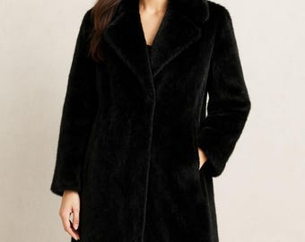 Abrigo de piel sintética negro de lujo para mujer / Chaqueta larga y cálida de invierno / Abrigo elegante de felpa suave