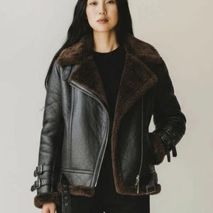 Women's Black Fur Sheepskin Leather Jacket - Black Winter Coat for Women