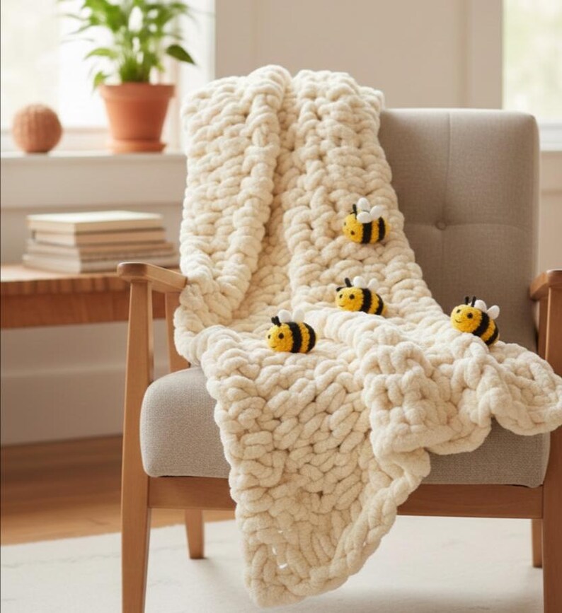 May include: A cream-colored, chunky knit blanket draped over a beige armchair. The blanket is adorned with four small, yellow and black bee-shaped decorations. The chair has wooden arms and legs, and the background includes a window and a potted plant.