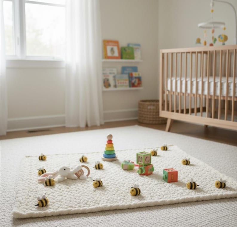 May include: A cream-colored, textured rug with a collection of baby toys. The toys include a wooden stacking tower, a plush bunny, and several small bee-shaped decorations. A wooden crib and a mobile are in the background.