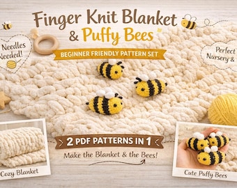 Finger gestrickte Decke & Puffy Bee Pattern Set | Anfängerfreundliche Chunky Yarn Nursery Decke PDF