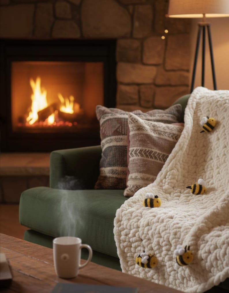 May include: A cozy living room scene with a green sofa, pillows, and a cream-colored blanket adorned with bee appliqu&eacute;s. A lit fireplace and a mug of steaming coffee create a warm, inviting atmosphere. The blanket is draped over the sofa.
