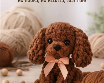 May include: A crocheted brown puppy dog with a peach-colored bow, sitting on a wooden surface. The image includes text that reads "MAGIC FINGER CROCHET PATTERN" and "NO HOOKS, NO NEEDLES, JUST FUN!" Yarn balls and wooden beads are in the background.