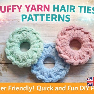 May include: Three handmade puffy yarn hair ties in pastel colors: mint green, light blue, and pink. The image includes the text "PUFFY YARN HAIR TIES PATTERNS" and "Beginner Friendly! Quick and Fun DIY Project".