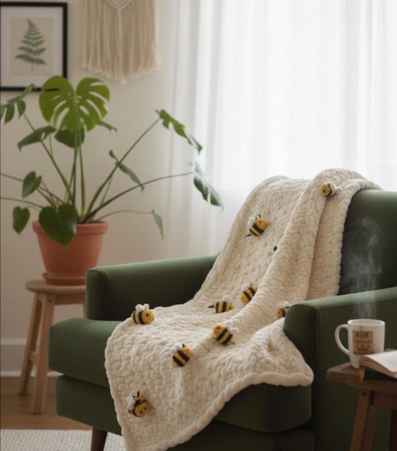 May include: A cream-colored, chunky knit blanket with several yellow and black bee appliqu&eacute;s draped over a green armchair. The blanket is soft and textured, with a cozy, handmade aesthetic. The bees are evenly spaced across the blanket.