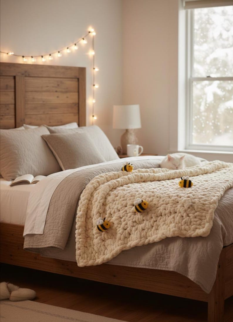 May include: A cozy bedroom scene featuring a wooden bed frame and headboard. The bed is adorned with neutral-toned bedding and a chunky cream-colored blanket decorated with bee-shaped embellishments. A string of lights hangs above the bed.
