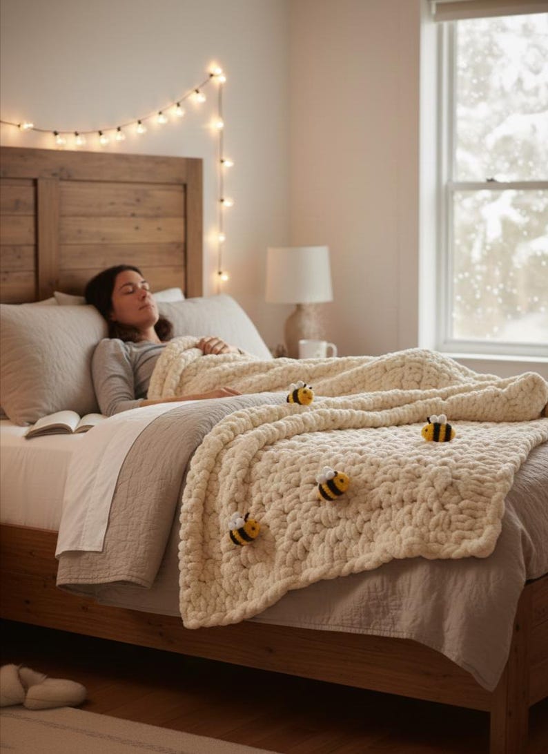 May include: A cream-colored, chunky knit blanket adorned with three bee appliqu&eacute;s rests on a bed. The bed has a wooden frame and is covered with neutral-toned bedding. A string of lights hangs above the bed, creating a cozy atmosphere.