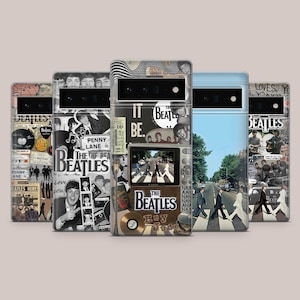 Può includere: Una collezione di custodie per telefoni con i Beatles. Ogni custodia presenta un design unico con immagini della band, copertine di album e l'iconico attraversamento di Abbey Road. Le custodie hanno una varietà di colori e design.