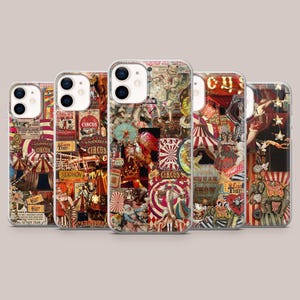 Op de afbeelding: Een verzameling van vijf telefoonhoesjes met een vintage circusthema. Elke hoes toont een collage van circusafbeeldingen, waaronder tenten, artiesten en kaartjes. Het kleurenpalet omvat rood, geel en blauw.