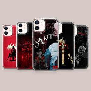 May include: Five phone cases with different designs. The cases feature illustrations of characters and text from the "Devil May Cry" series. The cases are red, black, and clear, with various graphic designs.