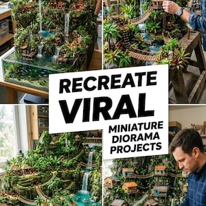 May include: A detailed miniature diorama project featuring a tropical island scene with waterfalls, bridges, and small houses. The diorama is set in a clear resin base, creating a water effect. The text "RECREATE VIRAL MINIATURE DIORAMA PROJECTS" is visible.