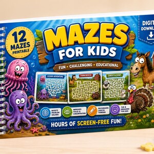 May include: A spiral-bound book titled "Mazes for Kids" with colorful illustrations. The cover features cartoon animals and mazes with the text "12 Mazes Printable." The book promises fun, challenging, and educational activities for children.