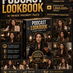 Op de afbeelding: Promotieafbeelding voor een "Podcast Lookbook" AI-beeldpromptpakket. Het ontwerp toont een vrouw met een microfoon, omringd door graphics die functies benadrukken zoals dialogen, karakters en videocreatiemogelijkheden. Het product is ontworpen voor Etsy en digitale verkopers.