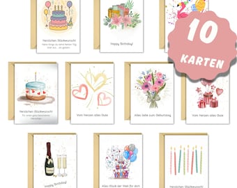 Set di 10 biglietti di auguri di compleanno • Biglietti di auguri di buon compleanno • Set di biglietti di auguri • Biglietti acquerellati • Confezione di biglietti di auguri di compleanno • Biglietti fatti a mano