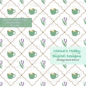 May include: Seamless pattern featuring green teacups with steam, lavender sprigs, and a brown lattice design on a white background. Includes text that reads "Lavender Matcha Maker Seamless Pattern .PNG File".