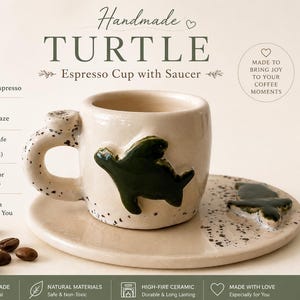 Handmade Turtle Espresso Cup with Saucer, Ceramic Coffee Cup, Sea Turtle Mug