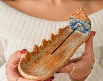 Porta incenso in ceramica fatto a mano - Bruciatore di incenso rustico per la casa - Raccoglicenere in ceramica stile cottagecore - Regalo decorativo boho per la meditazione