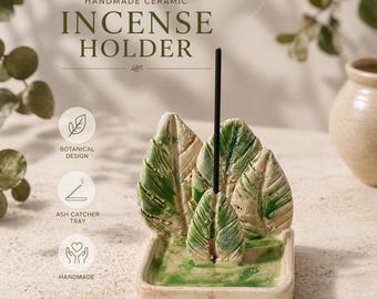Porta incenso a forma di foglia fatto a mano - Bruciatore di incenso in ceramica - Decorazione botanica - Porta incenso zen per meditazione - Vassoio verde minimalista - Regalo per gli amanti della natura
