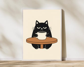 【コーヒーアート】ねこ 黒猫アート おもしろ猫プリント 不機嫌な猫プリント コーヒーを飲む猫
