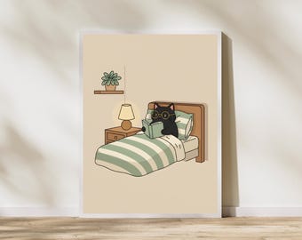 Cozy Cat Reading in Bed Art Print | Book Lover Gift (Digital Download)