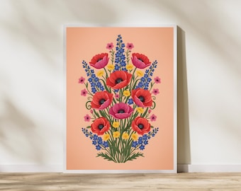 Red Poppy Floral Printable Wall Art | Colorful Botanical Flower Illustration | Vintage Folk Digital Download