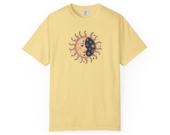 Camiseta com estampa celestial do Sol e da Lua | Vintage - Camiseta unissex oversized com estampa - Camiseta de algodão com estampa estética de astrologia - Camiseta com arte espiritual