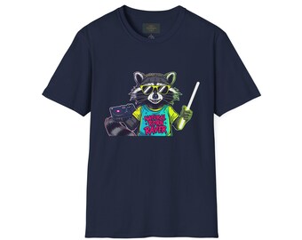Camiseta Neon Raccoon DJ Raver / Luces de arcade retro, música de fiesta
