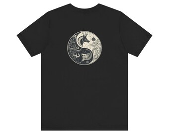 Yin Yang Cats T-Shirt | Black Tee with Floral Moon Cat Illustration