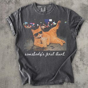 May include: A charcoal grey short-sleeve t-shirt featuring a graphic of an orange tabby cat wearing black sunglasses and holding a plastic cup with a straw. The text "somebody's feral Aunt" is printed in white cursive script below the cat image.