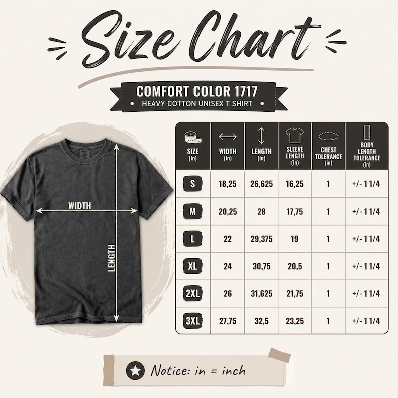 May include: A size chart for a Comfort Color 1717 heavy cotton t-shirt. The image displays a dark grey t-shirt with width and length arrows, alongside a table listing measurements in inches for sizes S through 3XL, including sleeve length and tolerances.