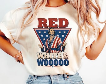 Camiseta roja, blanca y Wooooo, regalo divertido para fanáticos de la lucha libre, camiseta patriótica del 4 de julio, camiseta retro con estampado de bata de lucha libre, camiseta con el lema estadounidense.