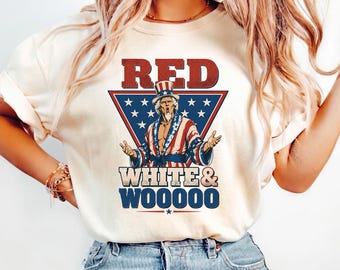 Camiseta roja, blanca y Wooooo, camiseta patriótica de lucha libre, camiseta gráfica del Tío Sam del 4 de julio, ropa divertida del orgullo estadounidense, regalo para aficionados a la lucha libre