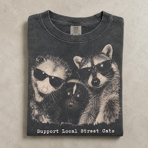 May include: A charcoal gray crew neck t-shirt featuring a graphic of an opossum, a skunk, and a raccoon wearing sunglasses. The text below the animals reads Support Local Street Cats. The shirt has a Comfort Colors brand label at the neck.