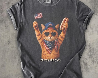 Funny America Cat Shirt for July 4th, Retro Patriotic Cat T-shirt, Hot Dog Cat USA Tee, Independence Day Gift