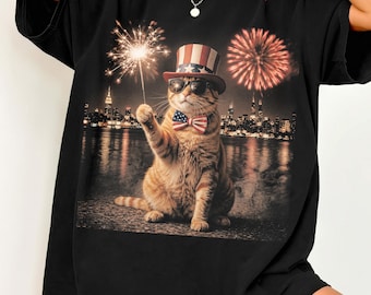 Camiseta divertida para gatos del 4 de julio, camiseta para gatos con la bandera estadounidense, camiseta con estampado de fuegos artificiales de EE. UU., regalo patriótico para amantes de los gatos, camiseta para gatos del tío Sam.