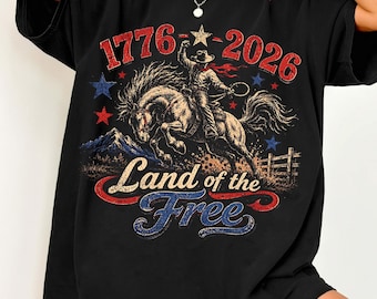 Camiseta vaquera del oeste, Tierra de la libertad, camiseta patriótica de 1776, camiseta vintage de caballo salvaje, atuendo del 4 de julio, regalo retro americano